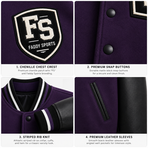 Veste universitaire unisexe Deep Purple avec manches en cuir, patch en chenille, boutons pression sur le devant, logo personnalisé, veste universitaire streetwear OEM - Product Image 3