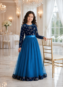 Blue Summer Children <b>Girls</b> Formal Long Sleeve Floral Embroidered Tulle <b>Maxi</b> <b>Dress</b> for Banquet Party Festival - Product Image 1
