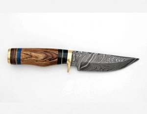 Cuchillo utilitario de hoja curva de acero de Damasco hecho a mano, mango de madera de Bocote, guardacuchillo de latón, herramienta de campo - Product Image 1