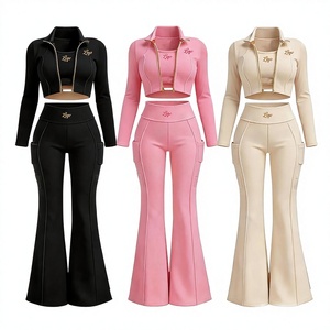 Women's 2 Piece Sporty <b>Knitted</b> <b>Set</b> Full Sleeve Crew Neck Solid Color Breathable Long Leggings Tops Spring Summer Skinny Fit - Product Image 2