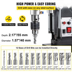 Trapano Magnetico Elettrico Portatile 1100W, Diametro di Foratura 1,57'', 2697lbf/12000N, 12 Punte da Trapano, 580 RPM - Product Image 3