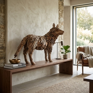 Handcrafted <b>wooden</b> wolf sculpture <b>rustic</b> teak driftwood animal statue looking right standing floor decoration frames spaces unit - Product Image 3