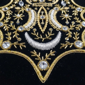 Handmade Gold Bullion Wire Embroidered Patch Crown Moon Bead Velvet - Product Image 4