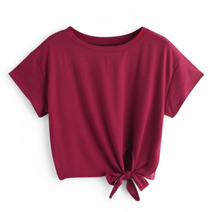 T-shirt décontracté d'été pour femme à manches courtes en coton tricoté et fibre de bambou, dos croisé, noué devant, tie-dye, coupe ample, couleur unie - Product Image 6