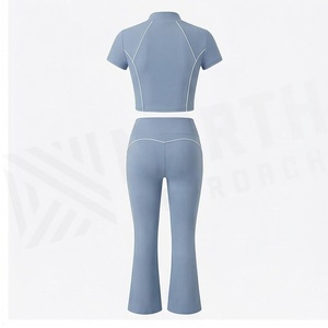 North Approach 2 Piece Yoga Set Solid Blue Crop Top High Waist <b>Flared</b> <b>Leggings</b> Seamless Breathable Women's Sportswear - Product Image 2