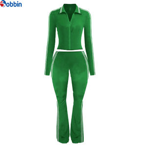 Conjuntos Deportivos Personalizados para Mujer, Estilo Nuevo, Polo a Rayas de Manga Larga, Leggings Acampanados, Ropa de Yoga - Product Image 5