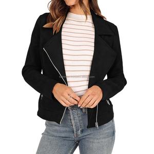 Vestes pour femmes en daim de Style motard noir avec fermeture éclair asymétrique col à revers manches longues recadrée Moto Fit Look Vintage moderne - Product Image 1