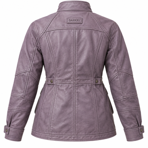 <b>Womens</b> Purple Leather Field Jacket Stand Collar Utility Pocket Zipper <b>Outerwear</b> Casual Retro Trucker Biker Windproof Coat - Product Image 2