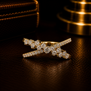 Luxury 14K Yellow Gold Criss Cross <b>Ring</b> Unique Band Round cut Lab Grown Diamond Cluster <b>Ring</b> for Women <b>Statement</b> jewelry - Product Image 2