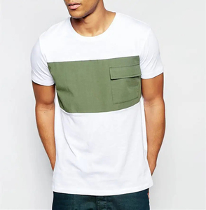 T-shirt à manches courtes pour homme, blanc et vert olive, à blocs de couleur, col rond, coupe classique, jersey en coton tricoté décontracté - Product Image 3
