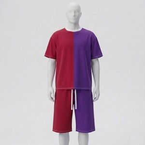 Ensemble T-shirt et short pour homme, couleur vert moutarde, demi-entrecouleur, style décontracté, tenue d'été, ensemble deux pièces, streetwear élégant - Product Image 4