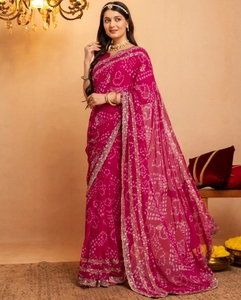 Sari de Georgette Bandhani Reversible Bordado de Secado Rápido y Sin Arrugas para Mujer KV (Rosa Dorado) para Bodas y Fiestas de Otoño - Product Image 2