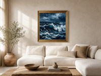 Peinture à l'huile à texture épaisse, vagues bruyantes, paysage marin bleu marine, peint à la main, toile, décoration murale pour salon