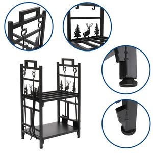 Support de rangement moderne pour bûches à 2 niveaux avec porte-bûches et support pour 4 outils, pour ensembles de cheminées extérieures et accessoires - Product Image 5