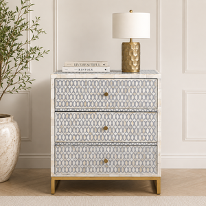 Vintage 3 Drawer Nightstand Bone and <b>Resin</b> Inlay Bedside <b>Table</b> Marble Look <b>Top</b> Bedroom Storage Cabinet - Product Image 1