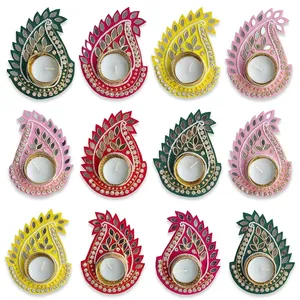 Handmade Wooden Tea Light Holder with Embossed Floral Design in Red <b>Pink</b> Green Yellow for Wedding Home Decoration - Product Image 1