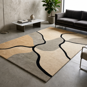 Modern Geometric <b>Cushioned</b> Anti-Slip Area Rug Neutral <b>Beige</b> Black Abstract Carpet for Dining Room Prayer Travel Floor Mat Home - Product Image 5