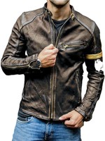 Veste Cafe Racer noire et or - Cuir de vachette vieilli authentique - Veste Cafe Racer en cuir Performance Geometry Slim-Fit