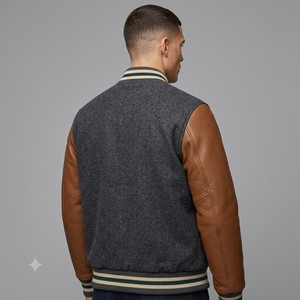 <b>Men's</b> Woolen Varsity <b>Jacket</b> With <b>Leather</b> Sleeves Turn-down Collar Autumn Preppy Style Regular Fit Button Closure - Product Image 3