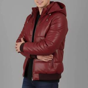 Cart Men's Maroon Hooded Puffer <b>Jacket</b> Leather <b>Zipper</b> Closure Outerwear - <b>Jacket</b> Maroon Leather - Product Image 3