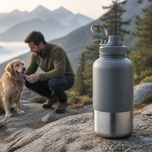 Bouteille de voyage pour animaux de compagnie 3-en-1 avec logo personnalisé, isolée sous vide, 49 oz, double paroi en acier inoxydable, avec bols pour nourriture - Product Image 1