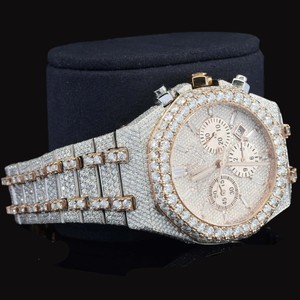 Reloj de Moda para Hombre, Cronógrafo Personalizado de Fábrica, Dos Tonos, Completamente Cubierto de Diamantes Moissanite, Esfera Redonda, con Fecha Automática, Estilo Hip Hop - Product Image 6