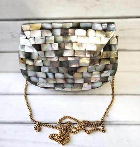 Vintage Fashion Mother Pearl Wristlet <b>Clutch</b> Evening Bag Geometric Pattern White Black Metal Zipper Closure Logo <b>Embellishment</b> - Product Image 1
