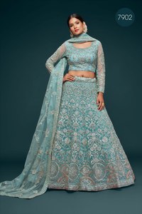 Mint <b>Green</b> Cotton Embroidered Lehenga Choli Set Traditional <b>Net</b> Unstitched Chaniya Dupatta Bride Wedding Party Diwali Wear - Product Image 3
