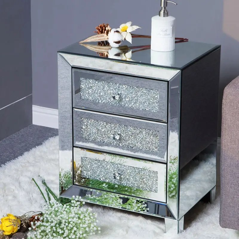 Hot Sales Mirror Nightstand Crushed Diamond Furniture Mirror Bedside Cabinet BedSide Table De Chevet