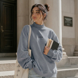 Sudadera roja de cuello alto para mujer, con estampado de letras personalizado, manga larga, hombros caídos, extragrande, 100% algodón, cuello simulado frontal. - Product Image 2