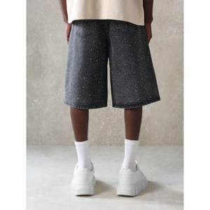 Shorts en jean vintage pour homme avec strass et croix, 100 % coton, style streetwear, pour l'été et les tenues décontractées - Product Image 4