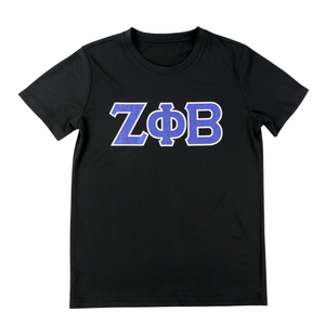 T-shirt Zeta Phi Beta à paillettes noires, coupe ajustée, lettres grecques ZPB, tee-shirt de performance pour femmes, vêtements de sport légers - Product Image 1