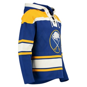 Custom <b>Men's</b> Winter Hooded Ice Hockey Jersey 100% Cotton Blue Yellow White Striped Heat-Transfer Printed Embroidered Team Logo - Product Image 2