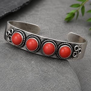 <b>Red</b> Handmade Vintage Coral Four Stone Boho Wide Cuff Bangle Gold Plated Oxidized Silver Finish Brass Jewelry - Product Image 5