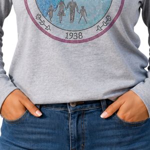 T-shirt gris à manches longues et col rond avec motif en strass, haut décontracté pour tous les jours, streetwear, style de vie, vêtements confortables - Product Image 6