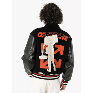 Veste universitaire noire pour homme, design avec patch brodé, style preppy, vêtement d'automne, coupe classique, col rabattu, matière PU - Product Image 2