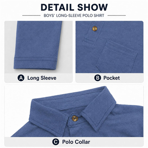 Chemises polo à manches longues pour garçons, en coton bleu, avec logo brodé, uniforme scolaire, vêtements de tous les jours pour enfants - Product Image 4