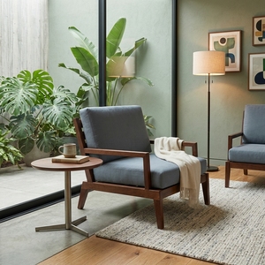 Fauteuil de salon en teck massif avec coussin gris, fauteuil d'appoint artisanal, mobilier moderne - Product Image 3