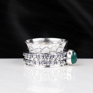 Vintage 925 Sterling <b>Silver</b> Green Onyx Spinner <b>Ring</b> for Anxiety Relief <b>Boho</b> Teardrop Green Chalcedony Meditation Handmade <b>Ring</b> - Product Image 4