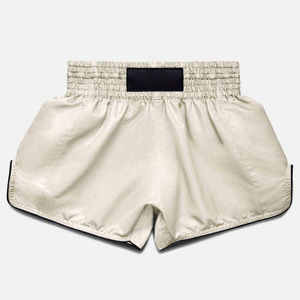 <b>White</b> 100% Cotton Satin Printed Boxing <b>Shorts</b> for <b>Men</b> with Gold Elastic Waistband and Custom Logo 100g Fabric Weight - Product Image 3