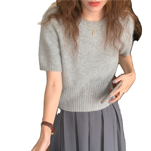Suéter Casual de Primavera para Mujer, Cuello Redondo, Manga Corta, Tejido de Punto Jersey, Color Sólido, Corte Ajustado, 100% Algodón, Transpirable, Anti-Pilling - Product Image 5
