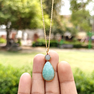 Hip hop necklace natural labradorite amazonite cabochon gemstone pendant necklace 18k gold plated brass jewelry chain necklace - Product Image 6