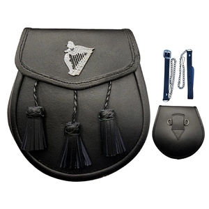 Pochette de kilt écossais Sporran en cuir véritable noir de qualité supérieure, avec emblème harpe irlandaise, trois pompons et sangle à chaîne, pour tenue traditionnelle des Highlands - Product Image 1