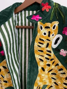 Handcrafted Green <b>Velvet</b> Tiger Embroidery <b>Jacket</b> Traditional Floral Bohemian Outerwear Full Sleeve Autumn <b>Jacket</b> - Product Image 2