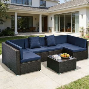 Set di Mobili da Giardino Blu Scuro in 7 Pezzi, Collezione di Divani Componibili per Esterni - Product Image 1