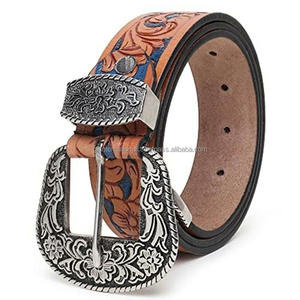 เข็มขัดหนังแท้สไตล์ตะวันตกสุดหรู แกะสลักลายใบไม้แบบคาวบอย พร้อมหัวเข็มขัดทองเหลืองลายดอกไม้หนักแน่น ปรับความยาวได้ตามต้องการสำหรับใส่กับกางเกงยีนส์ - Product Image 3