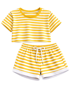 Ensemble décontracté d'été deux pièces pour femme : crop top rayé jaune et blanc et short, taille élastique, tenue de détente, streetwear, OEM - Product Image 1