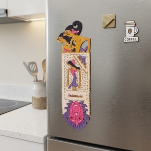 Handcrafted Indonesian Wayang Kulit Magenta Leather Fridge Magnet Traditional Cultural Souvenir Refrigerator Home <b>Decor</b> <b>Accent</b> - Product Image 6