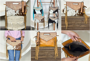 Bolso Bandolera de Piel de Vacuno con Flecos, Diseño de Moda, Hecho a Mano, con Patrón de Pelo de Piel, para Mujer, a Bajo Precio - Product Image 3