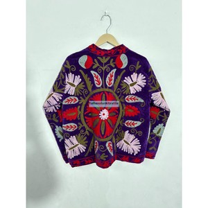 Autumn <b>Coat</b> Floral Embroidery Purple <b>Velvet</b> Embroidered Blazer <b>Women</b> Mandarin Collar Full Sleeve <b>Coat</b> - Product Image 6